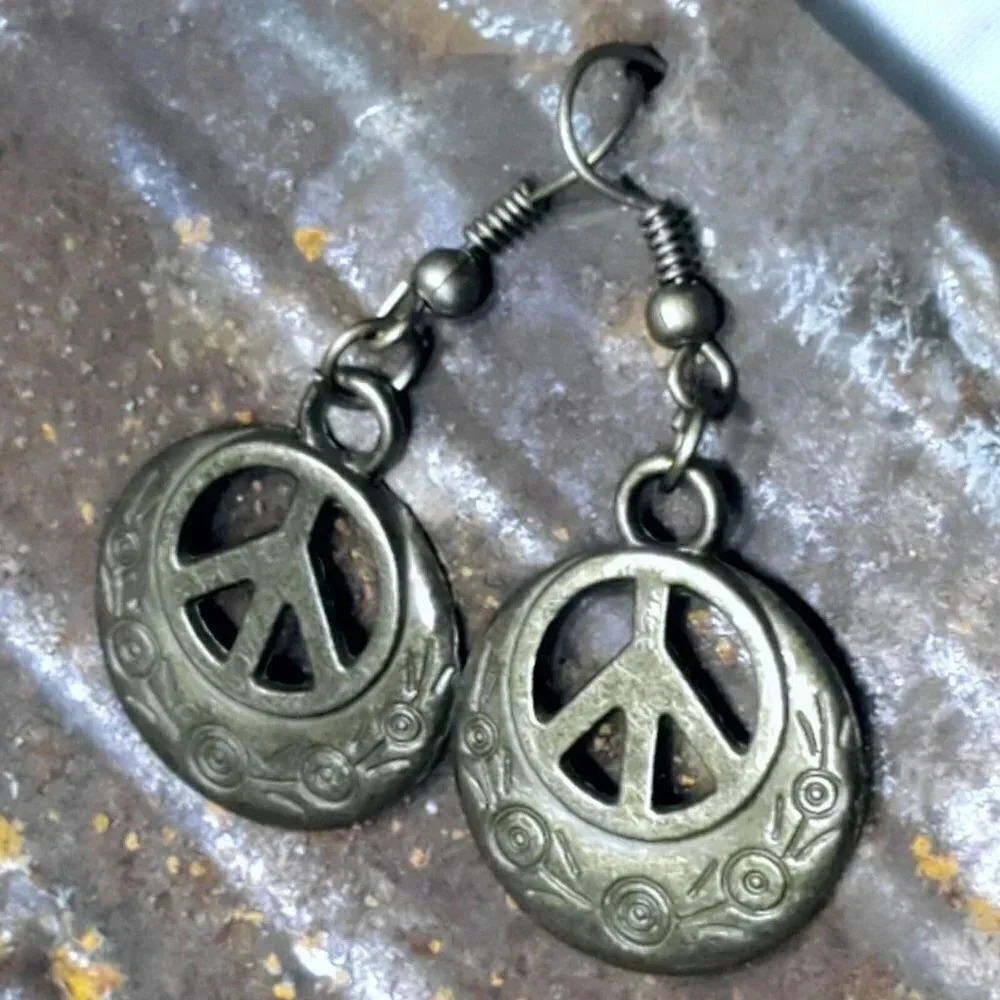 Bronze Antique Brass Stylized Carved Peace Sign Handcrafted Dangle Earrings